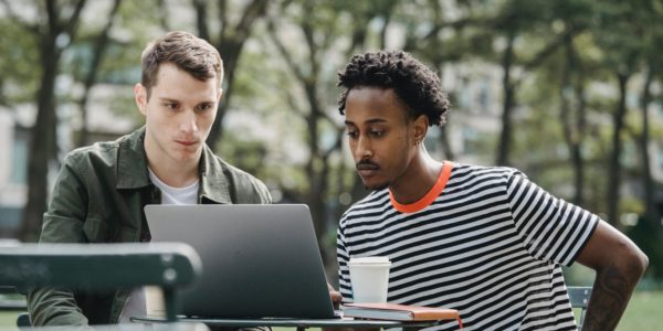 Men working on laptop in park