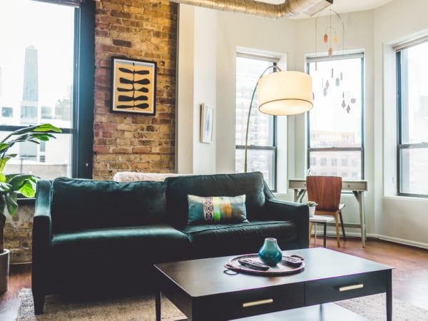 Living room with mid-century furniture and plant