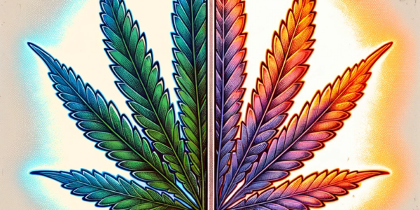 Marijuana leaf split in half representing the psychoactive and nonpsychoactive properties.