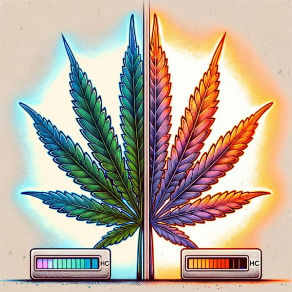 Marijuana leaf split in half representing the psychoactive and nonpsychoactive properties.